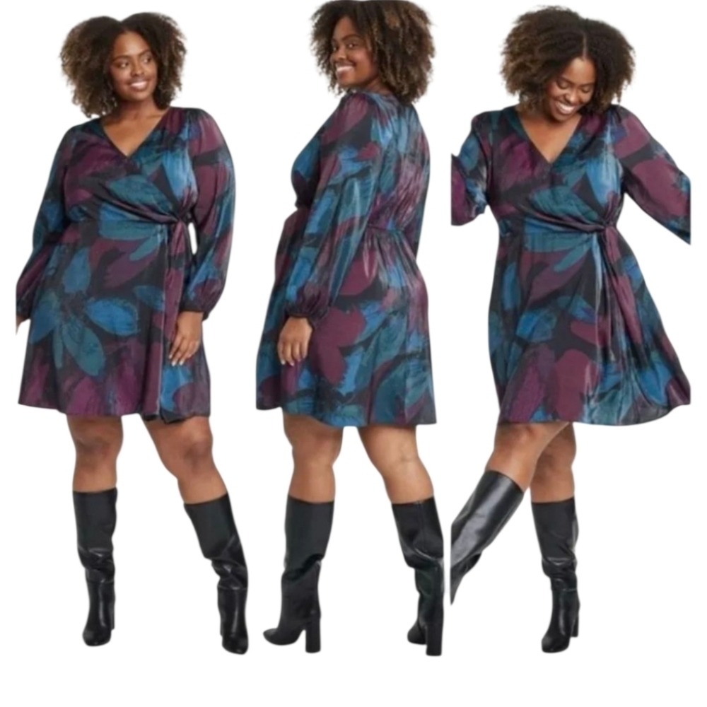 Ava & Viv Women's Balloon Long Sleeve Midi Faux Wrap Dress Shine Multicolor 2X